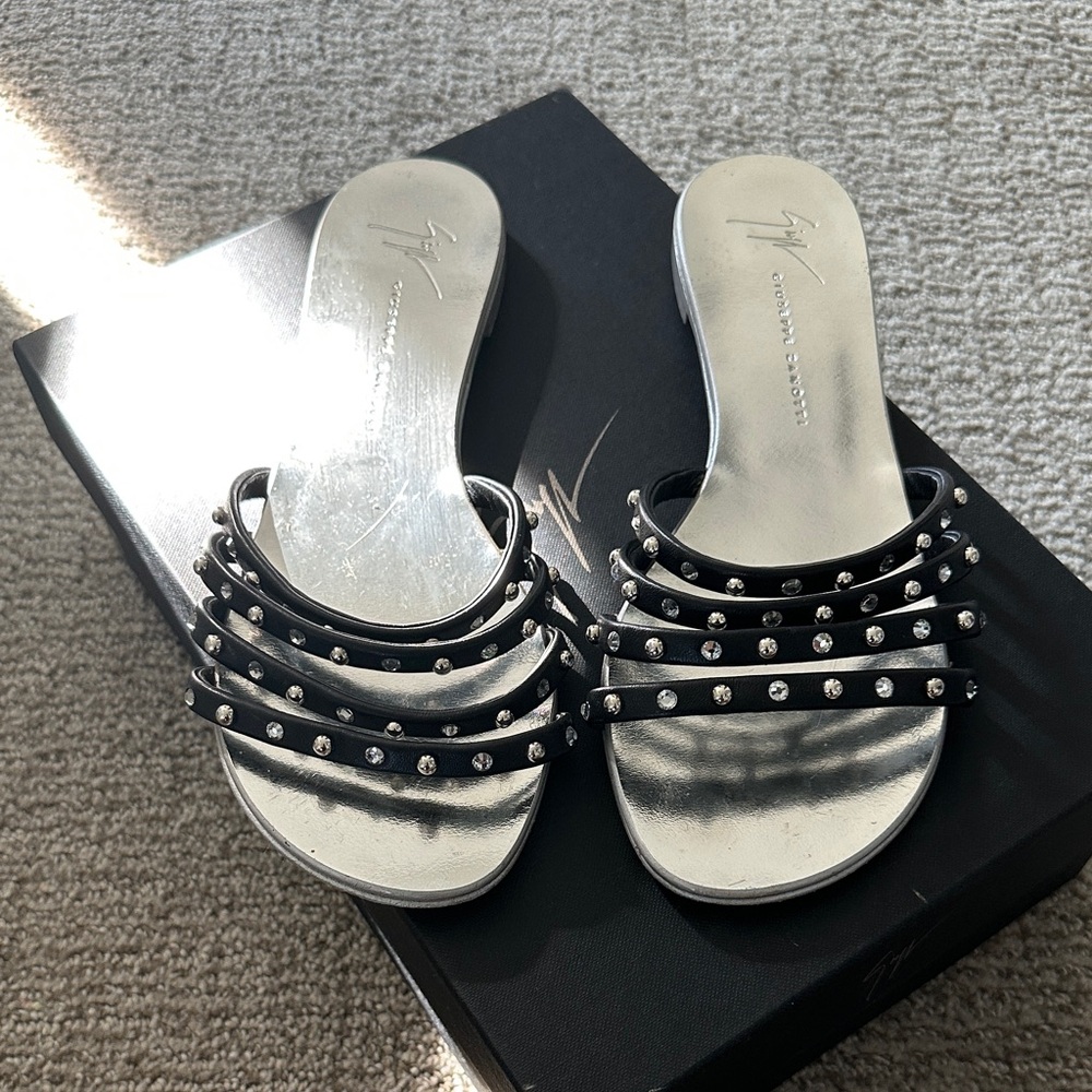 Giuseppe Zanotti Silver and Black Studded Sandals